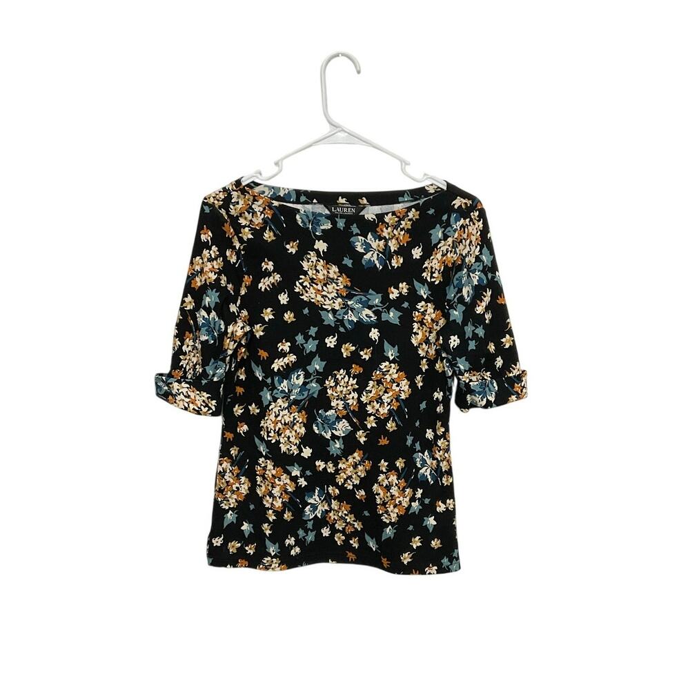 Lauren Ralph Lauren Floral Stretch Cotton Boatneck Shirt Cuffed Sleeves
